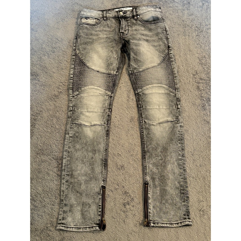 GUESS Jeans Mens 29x32 Gray Skinny MOTO Jeans Double Knee Thigh Stitch